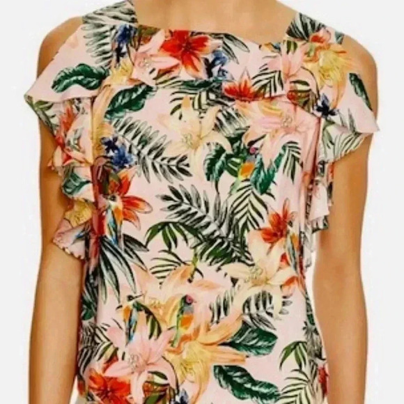 AMANDA UPRICHARD Women's Off Shoulder Ruffle Silk Blouse Tropical Birds Size M - Picture 1 of 11